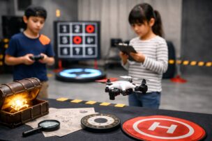 alt="暮らしの学校安城校で開催する子ども向けドローン謎解き体験ドローンクエストのイメージ"