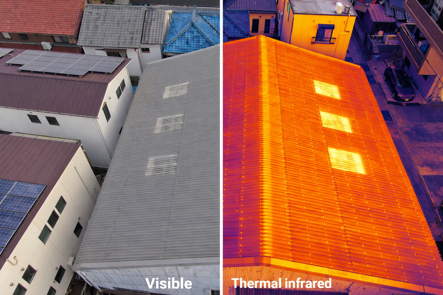 ドローンによる屋根の可視画像と赤外線画像の比較