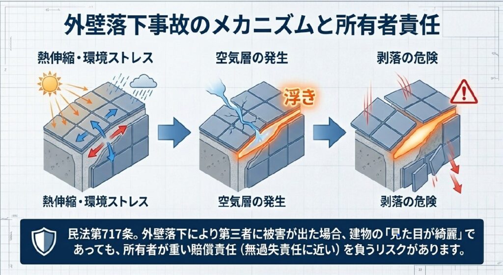 外壁の浮きは、熱伸縮や雨水の影響などで進行し、剥落事故につながる可能性があります。所有者・管理者には、定期的な点検と適切な維持管理が求められます。