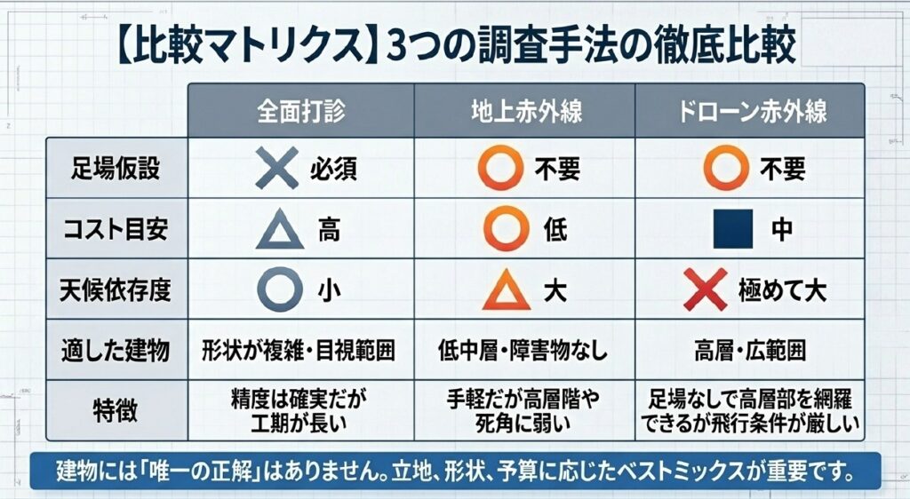 外壁調査には、全面打診・地上赤外線・ドローン赤外線のそれぞれにメリットと制約があります。建物の高さ、形状、立地、外壁材、予算、調査期限を踏まえ、最適な調査方法を選ぶことが重要です。
