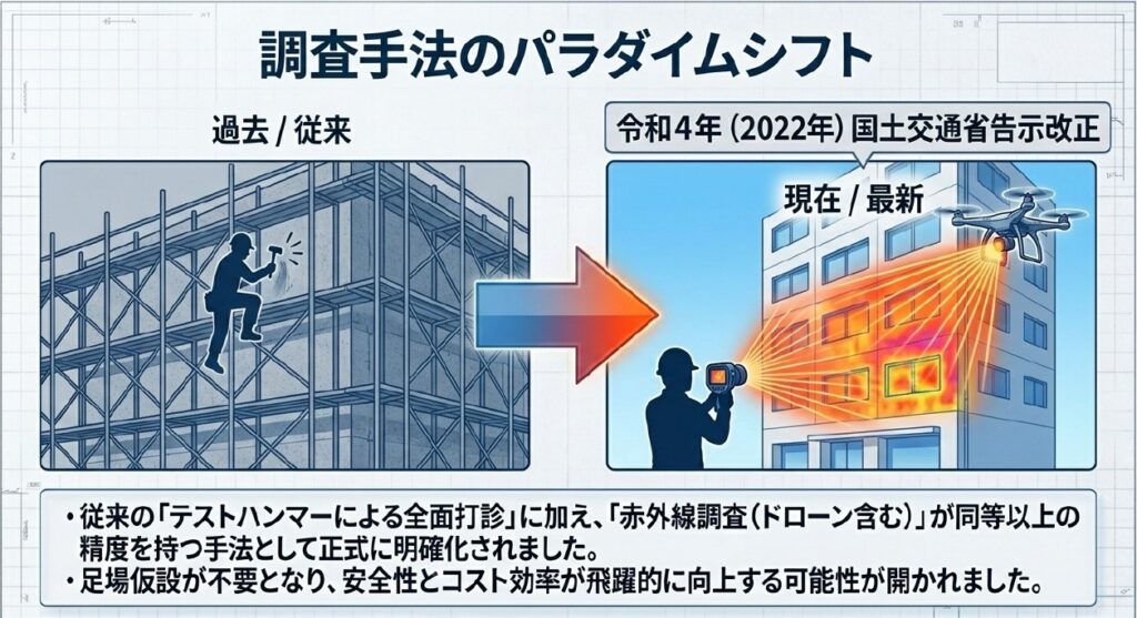 令和4年の国土交通省告示改正により、外壁調査では赤外線調査やドローンによる赤外線調査も、打診と同等以上の精度を満たす手法として整理されました。建物条件に応じて、安全性・コスト・調査精度のバランスを見ながら最適な方法を選ぶことが重要です。