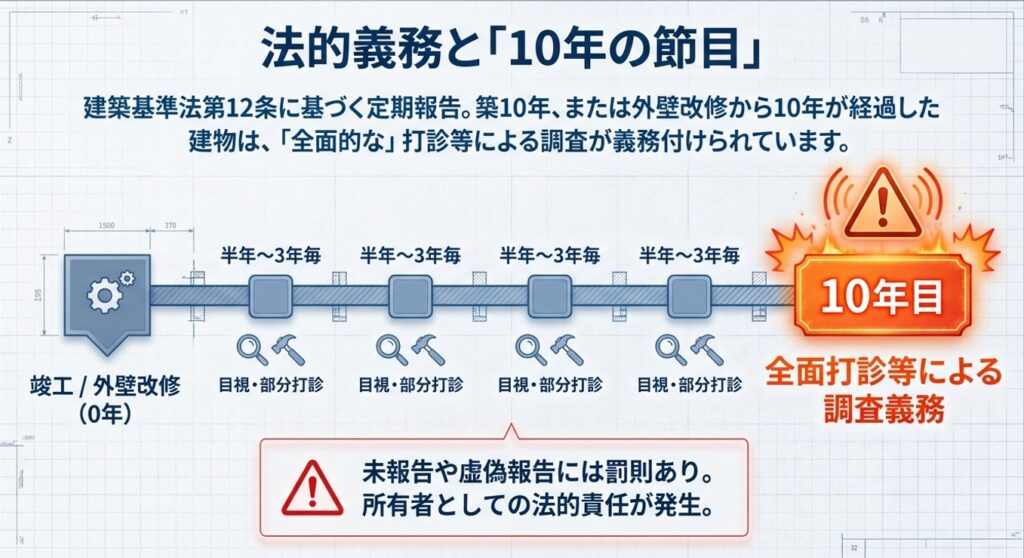 竣工・外壁改修から10年を迎える建物では、定期報告制度に基づく外壁の全面打診等が必要になる場合があります。