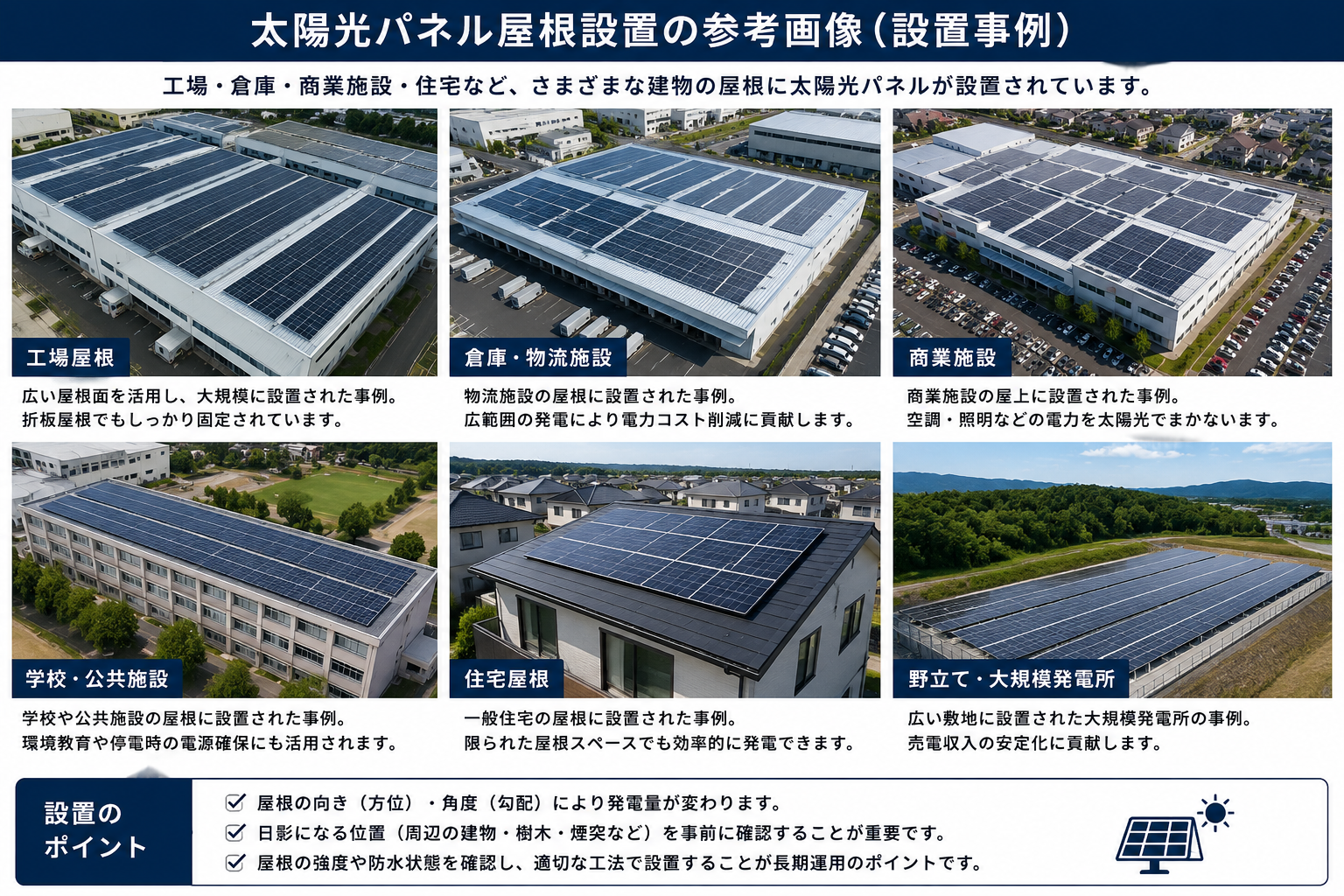 工場・倉庫・学校・住宅などの太陽光パネル屋根設置事例
