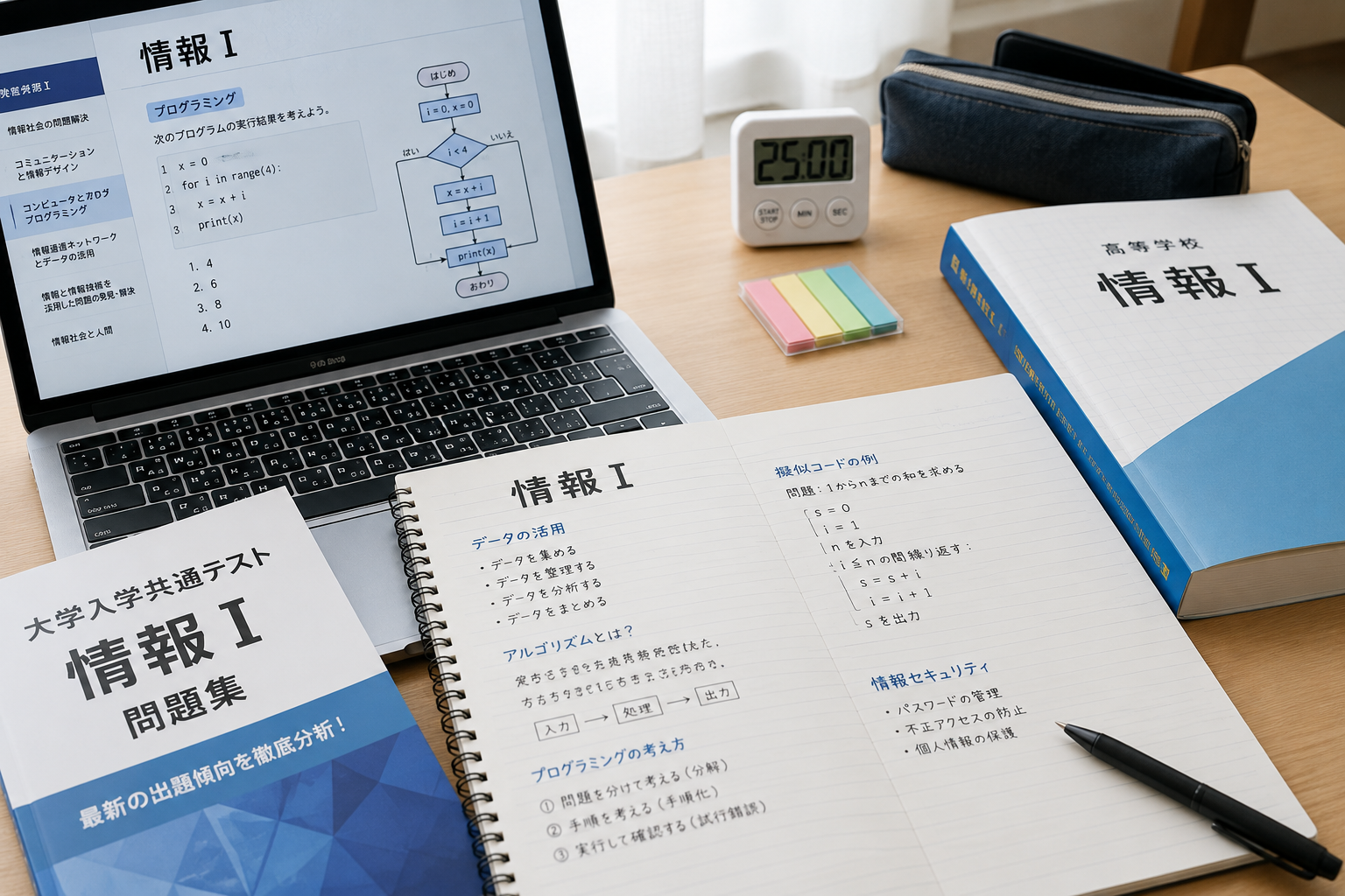 情報Ⅰの学習ノートとパソコン