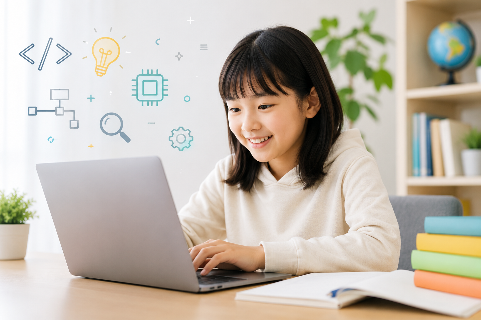 子どもがパソコンでプログラミングを学ぶ様子