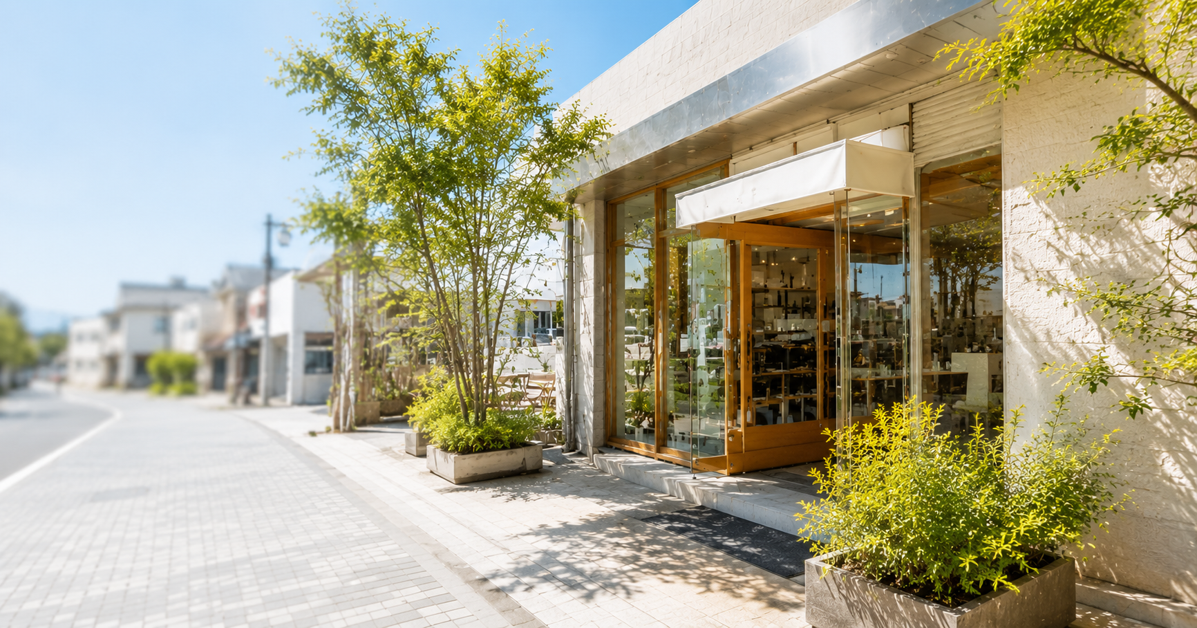 Googleストリートビューをイメージした店舗外観と周辺環境の背景画像