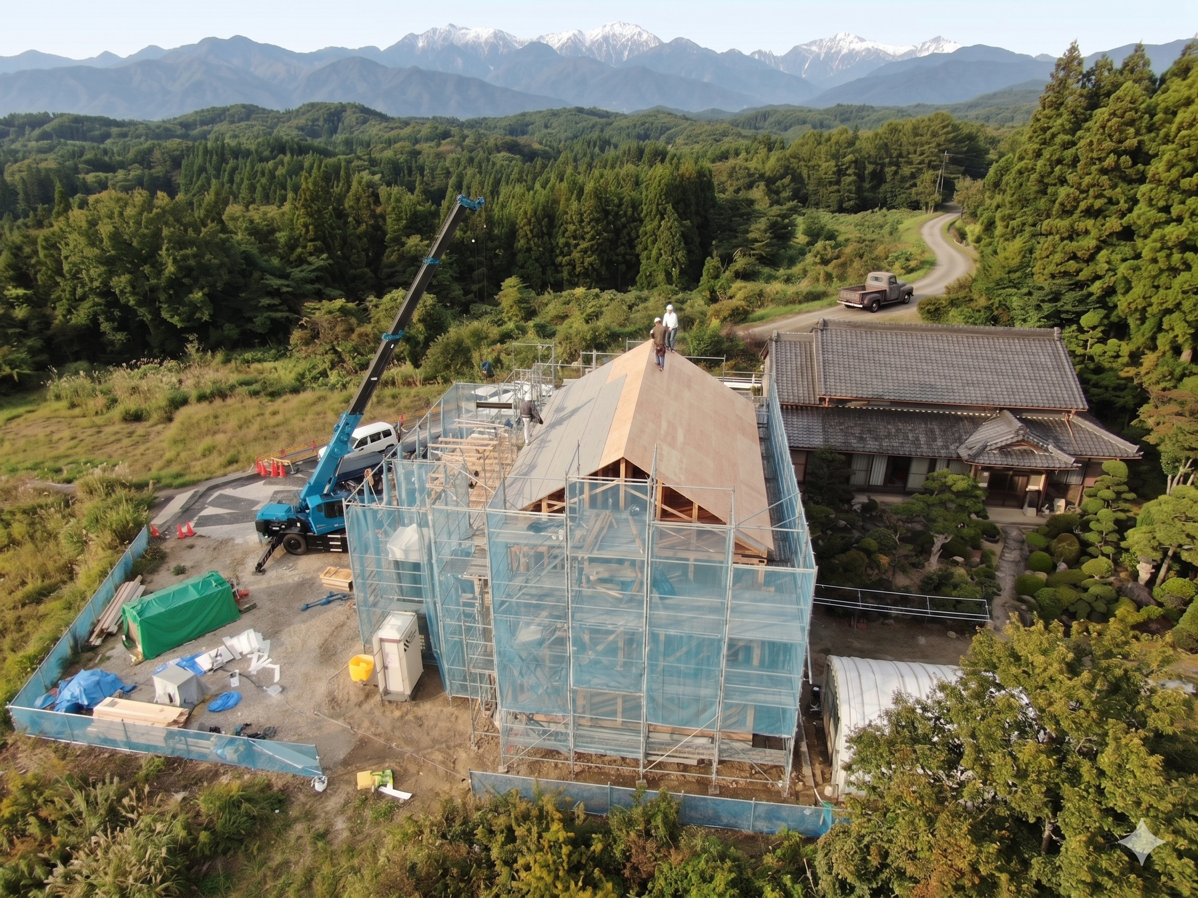名古屋・愛知でドローン撮影した戸建て住宅の空撮写真。屋根形状と周辺環境を俯瞰で確認できる。