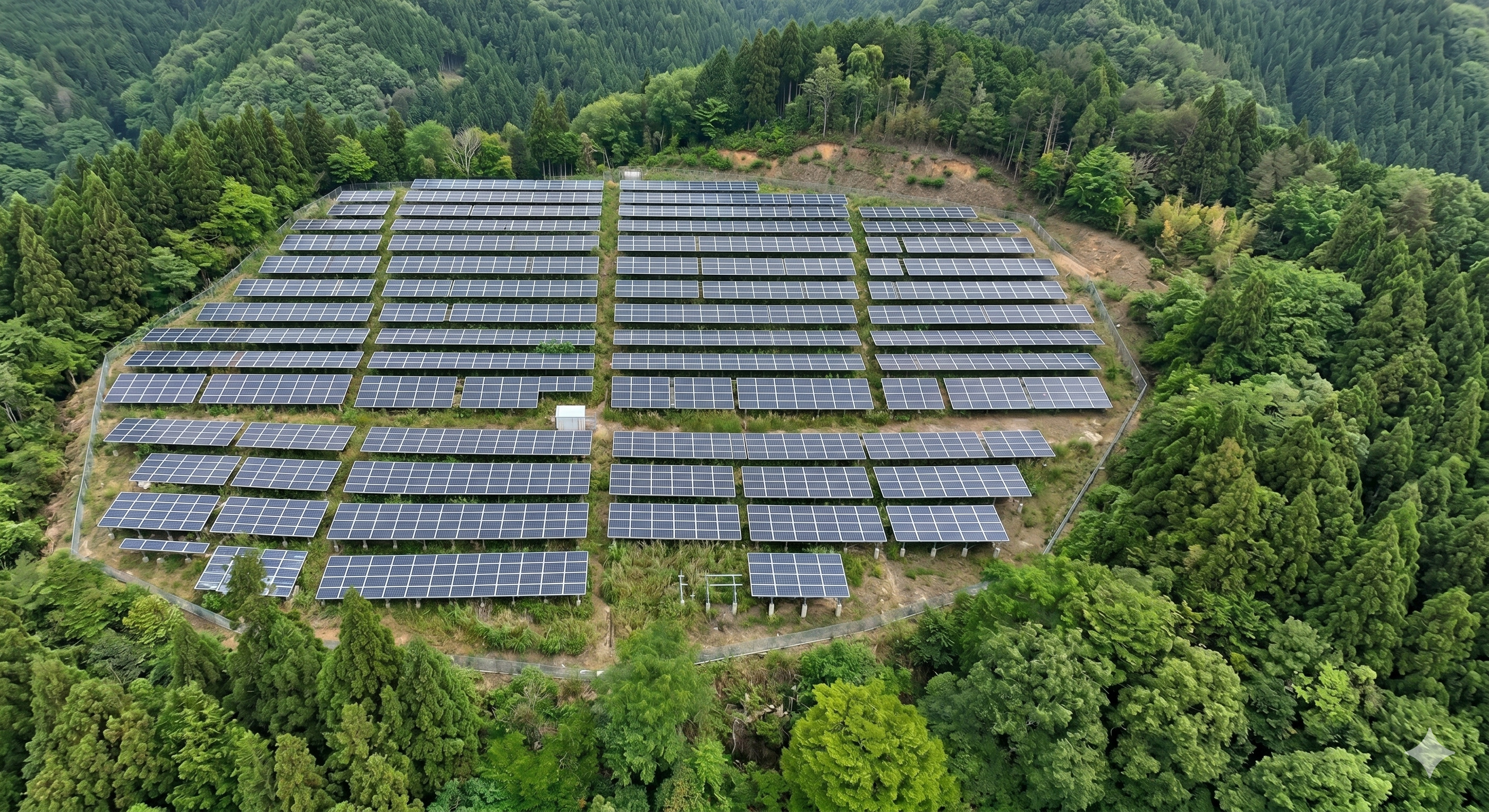 ドローンで撮影した太陽光パネル施設の空撮写真。設備配置と敷地全体の規模感を確認できる。